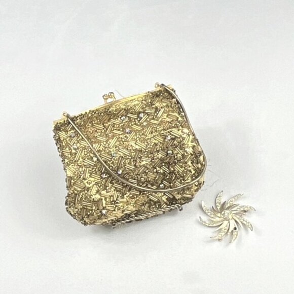 Source Unknown Handbags - Gold Vintage 1930's Beaded and Rhinestone Frame Evening Bag, Size: 5 1/2 * 5 1/4